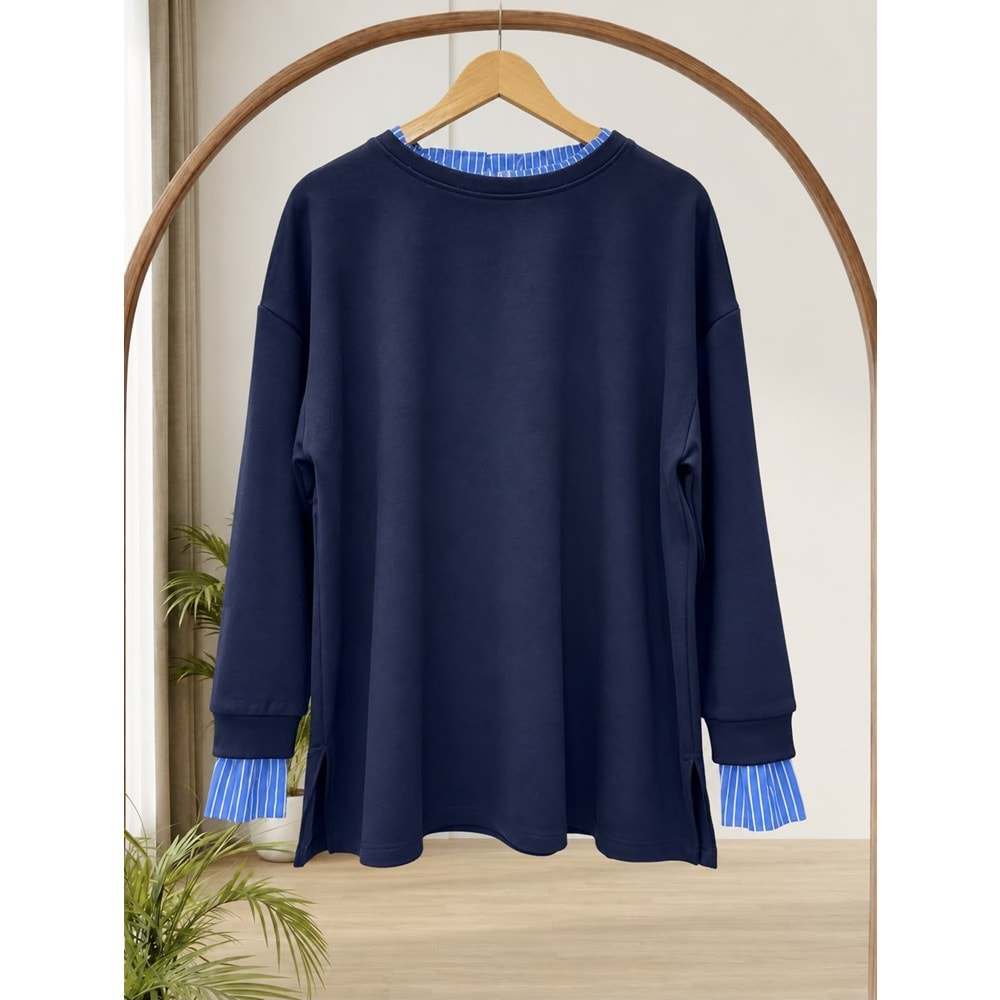 Kolu ve Yakası Çizgili Tunik 2077 - Lacivert - L-XL