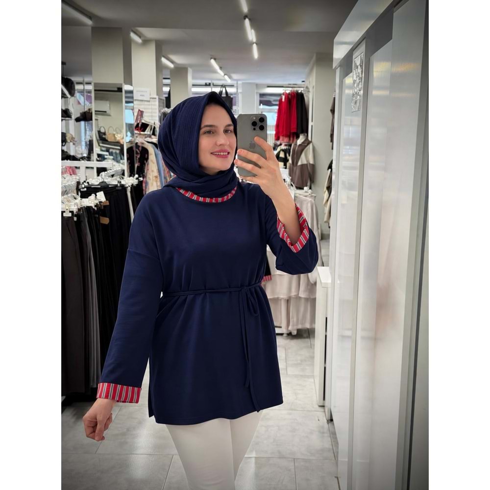 Yaka Manşet Garnili Tunik 931 - Lacivert - S-M - AZRA09044-70787