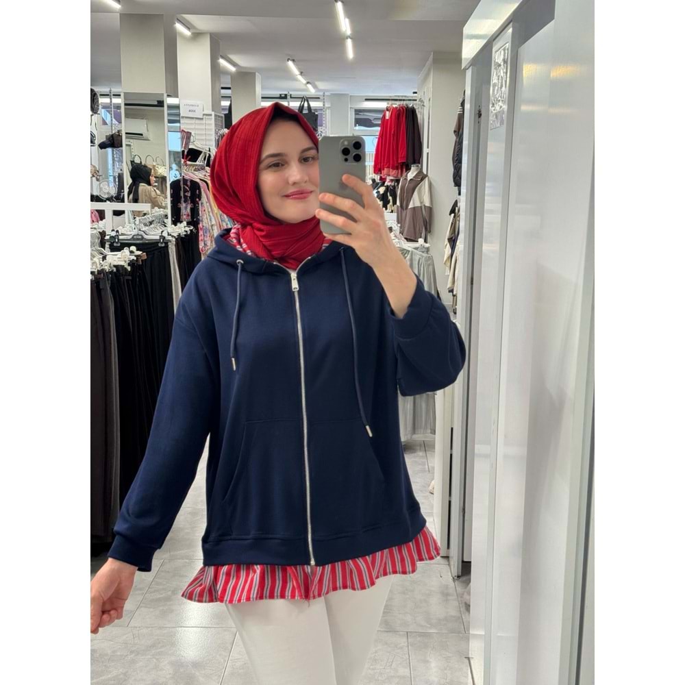 Kapşonu ve Eteği Çizgili Hırka 932 - Lacivert - L-XL - AZRA09046-70802