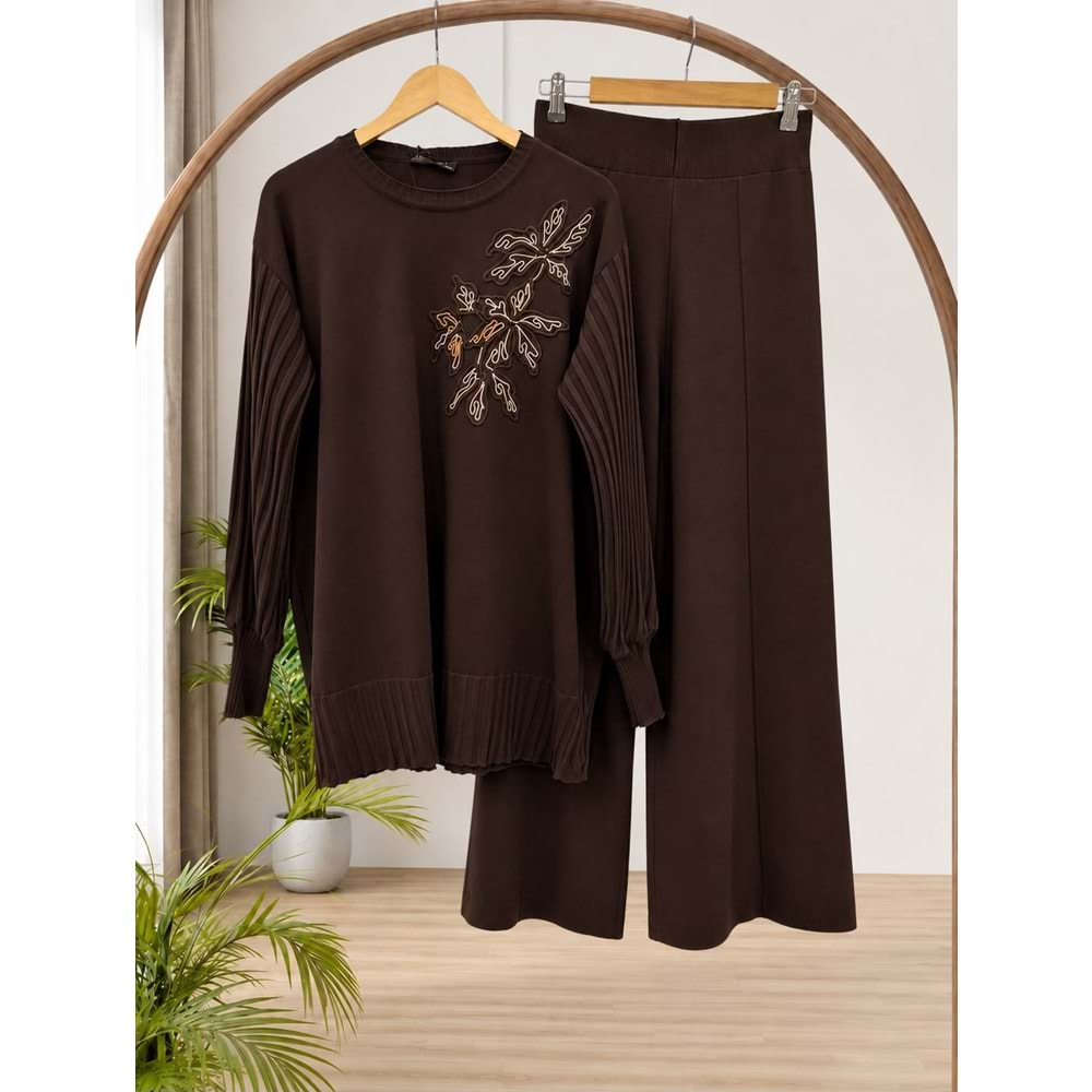 Kolları Pileli Takım 2646 - Acı Kahve - TEK BEDEN