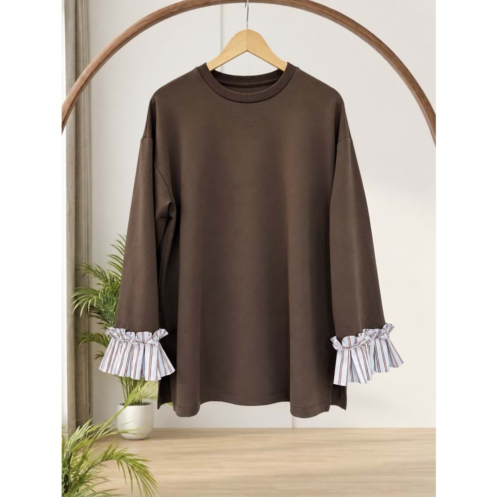 Kolları Çizgili Sweat 32600 - Acı Kahve - L-XL