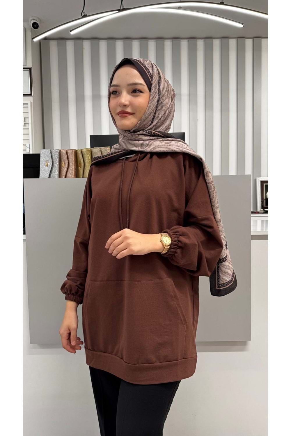 İki İp Cepli Sweat 2349 - Kahve Rengi - TEK BEDEN