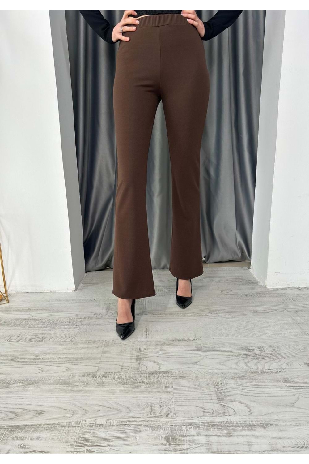 Esm Lastikli İspanyol Paça Pantolon - Acı Kahve - 48 - AZRA03124-Acı Kahve-48
