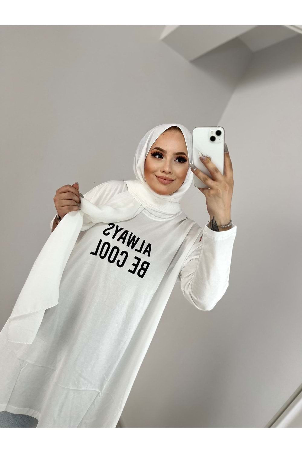 2639 Always Baskılı Tunik - Krem - TEK BEDEN