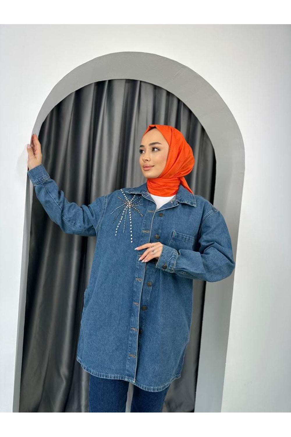 Yıldız Taşlı Denim Ceket 11292 - Mavi - M - AZRA03522-Mavi-M