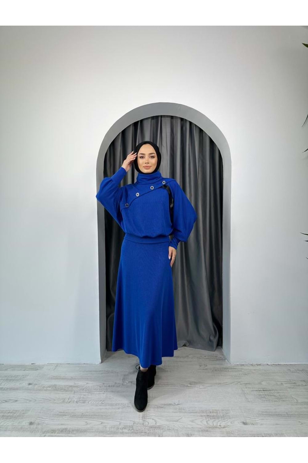 Deri Garnili Etekli Takım 31367 - Saks Mavi - M - AZRA03572-Saks Mavi-M