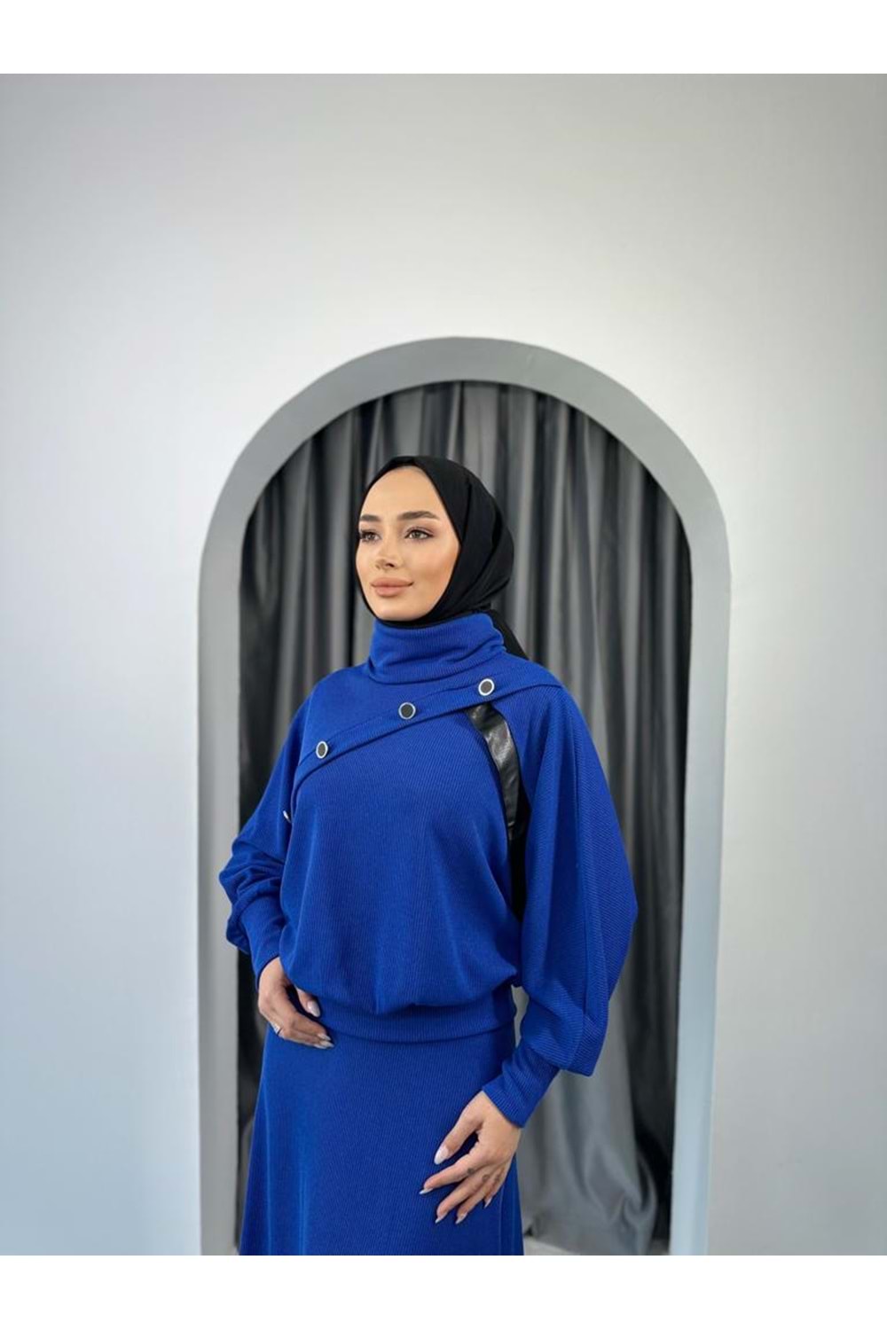 Deri Garnili Etekli Takım 31367 - Saks Mavi - M - AZRA03572-Saks Mavi-M