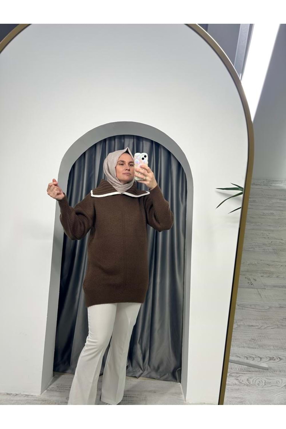 Geniş Yaka Triko Kazak 50550 - Kahve Rengi - TEK BEDEN - AZRA03758-Kahve Reng-TEK BEDEN