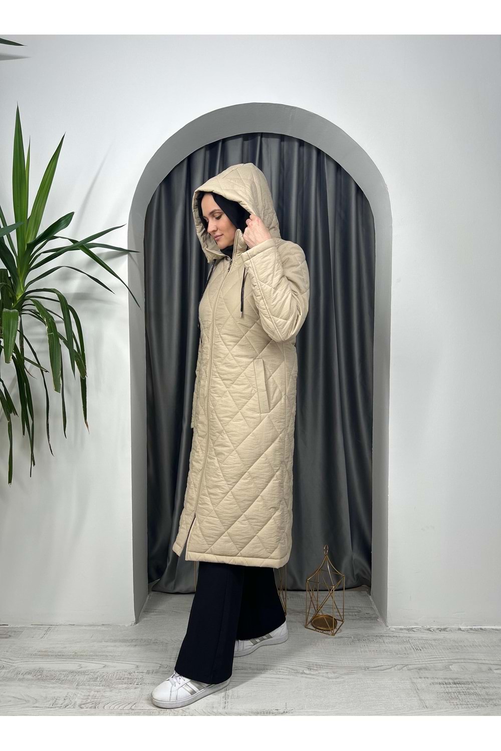 Kapişonlu Kapitone Mont 8407 - Bej - 38 - AZRA03858-Bej-38