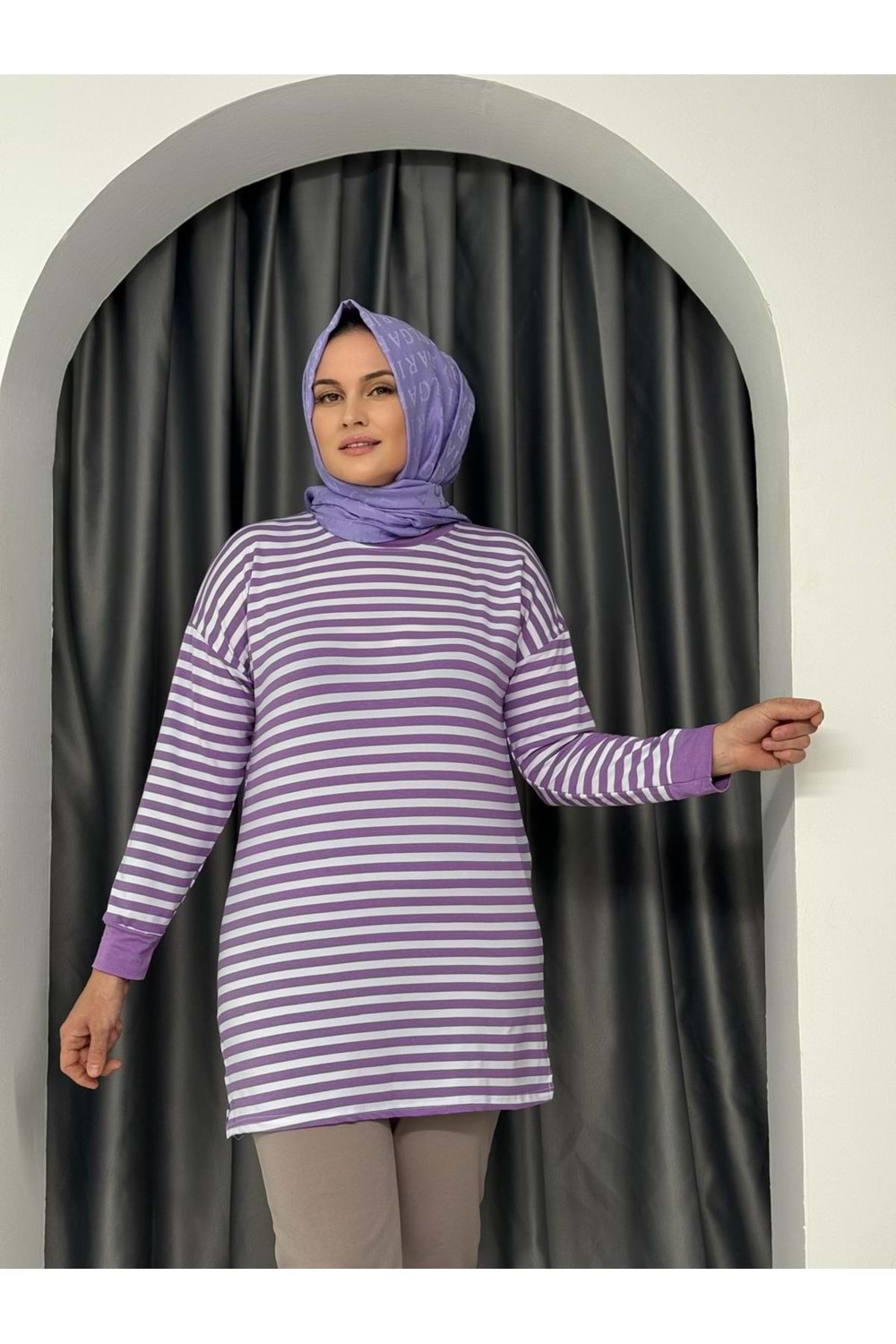 İnce Çizgili Tunik 674 - Lila - L