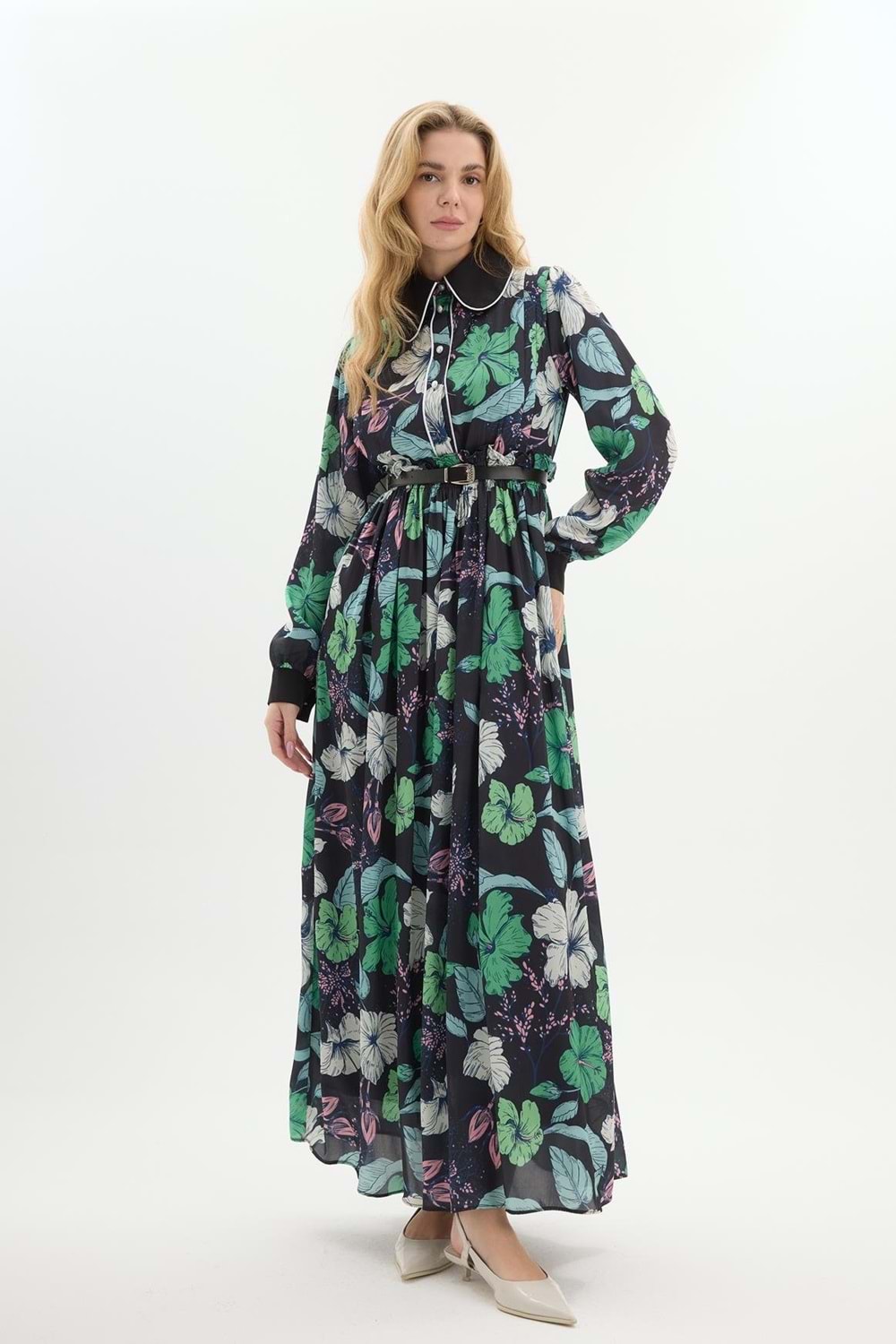 Lucas Yaka Detaylı Çiçek Desenli Elbise 6199 - Siyah - 42 - AZRA04087-Siyah-42