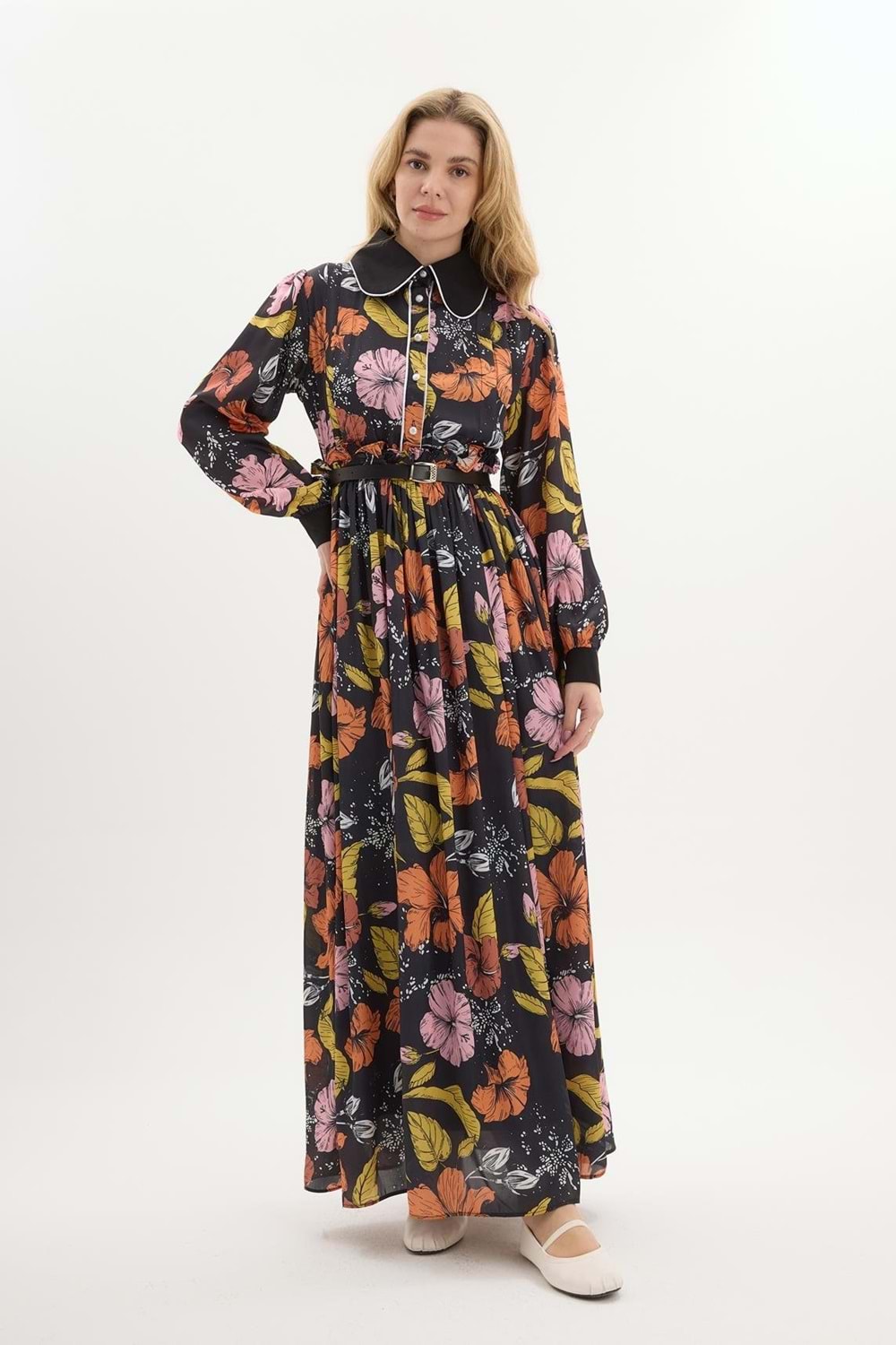 Lucas Yaka Detaylı Çiçek Desenli Elbise 6199 - Turuncu - 36 - AZRA04087-Turuncu-36