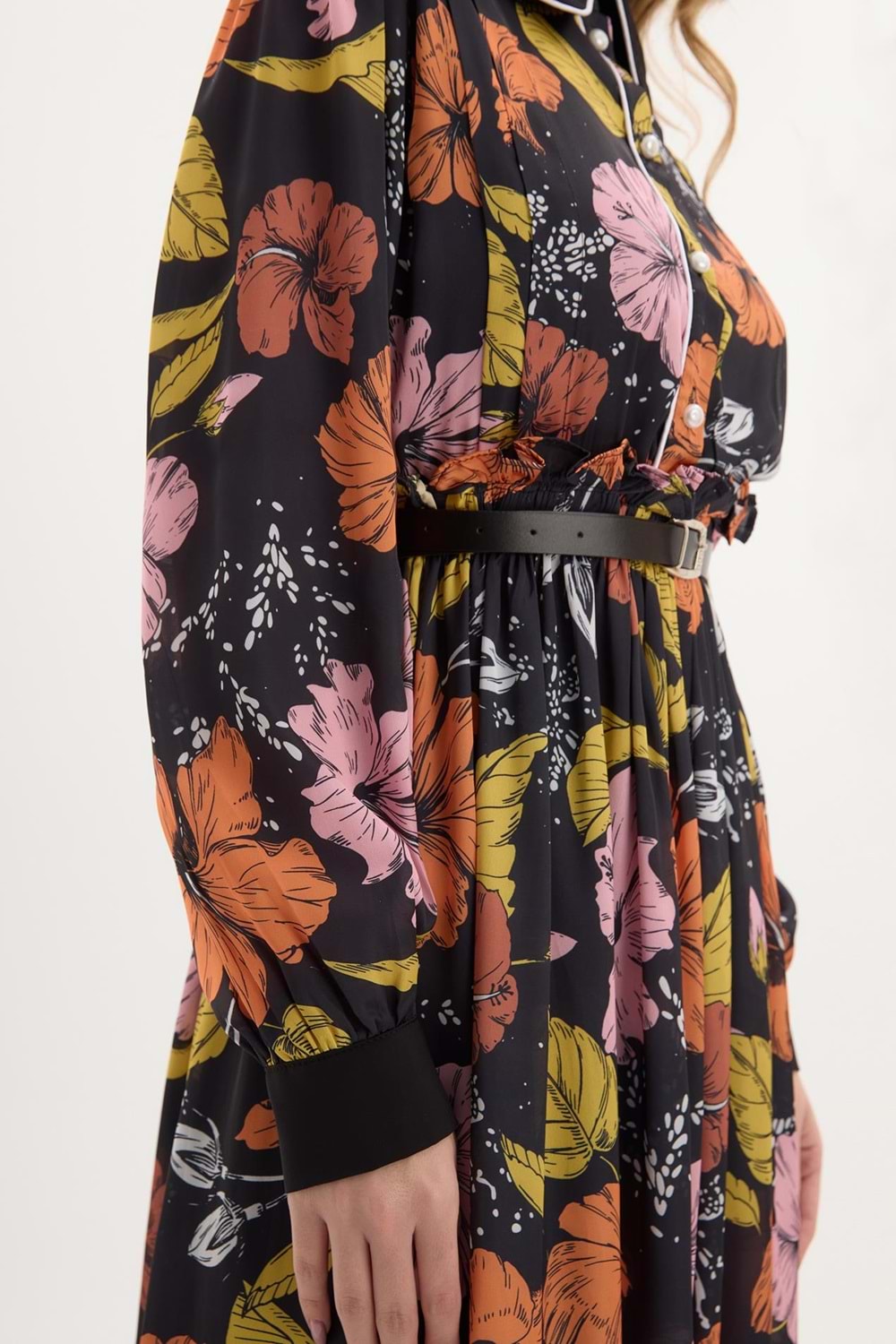 Lucas Yaka Detaylı Çiçek Desenli Elbise 6199 - Turuncu - 36 - AZRA04087-Turuncu-36