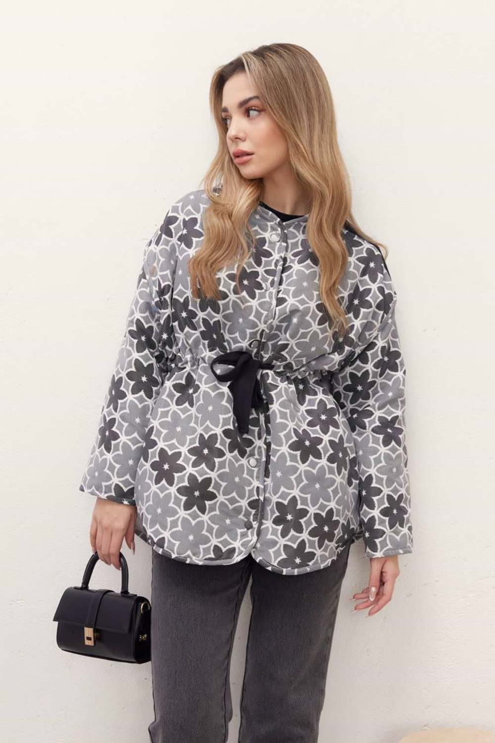 Begonia Çiçek Desenli Ceket 6185 - Gri - L-XL - AZRA04089-Gri-L-XL