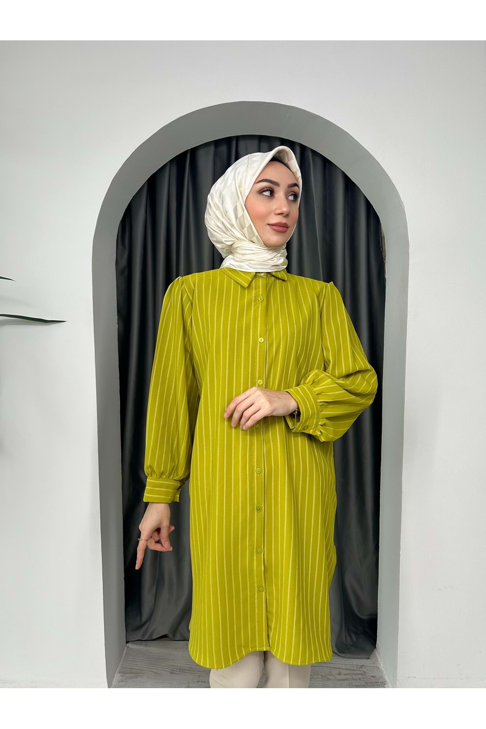 Uzun Çizgili Linda Gömlek 710 - Yağ Yeşili - S-M - AZRA04286-Yağ Yeşili-S-M