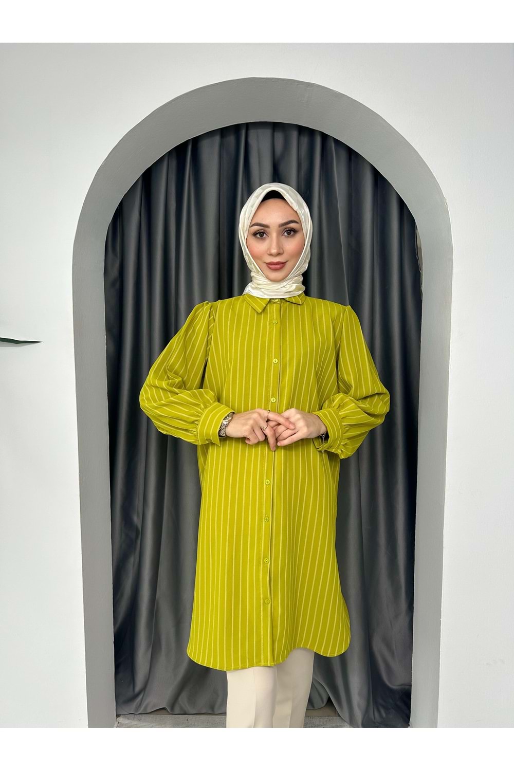 Uzun Çizgili Linda Gömlek 710 - Yağ Yeşili - S-M - AZRA04286-Yağ Yeşili-S-M