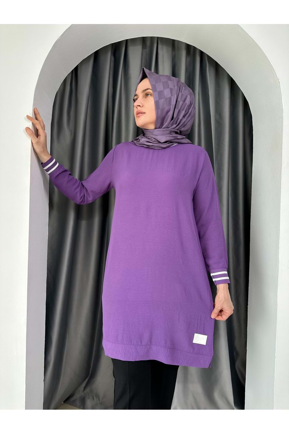 Şerit Detaylı Armalı Tunik 577 - Lila - 48-50