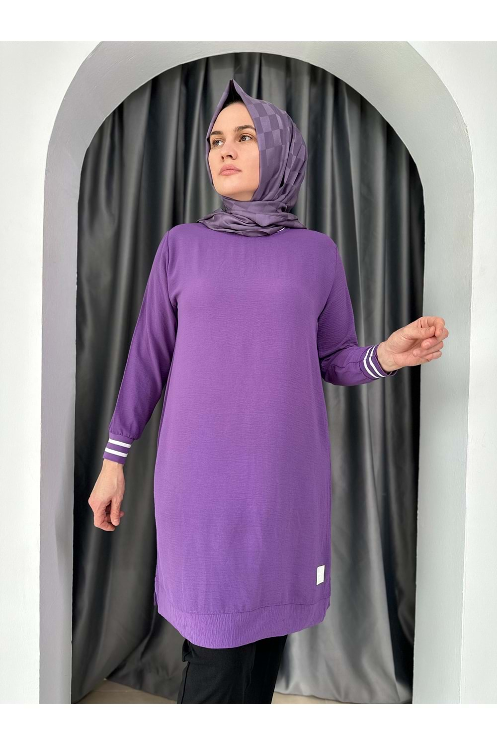 Şerit Detaylı Armalı Tunik 577 - Lila - 48-50