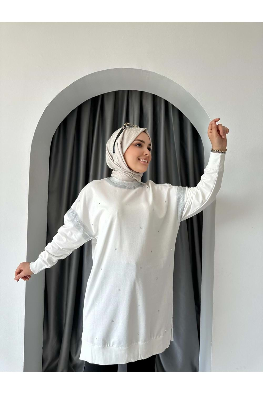 Puane Varak Ve Taş İşlemeli Tunik 10457 - Ekru - L-XL