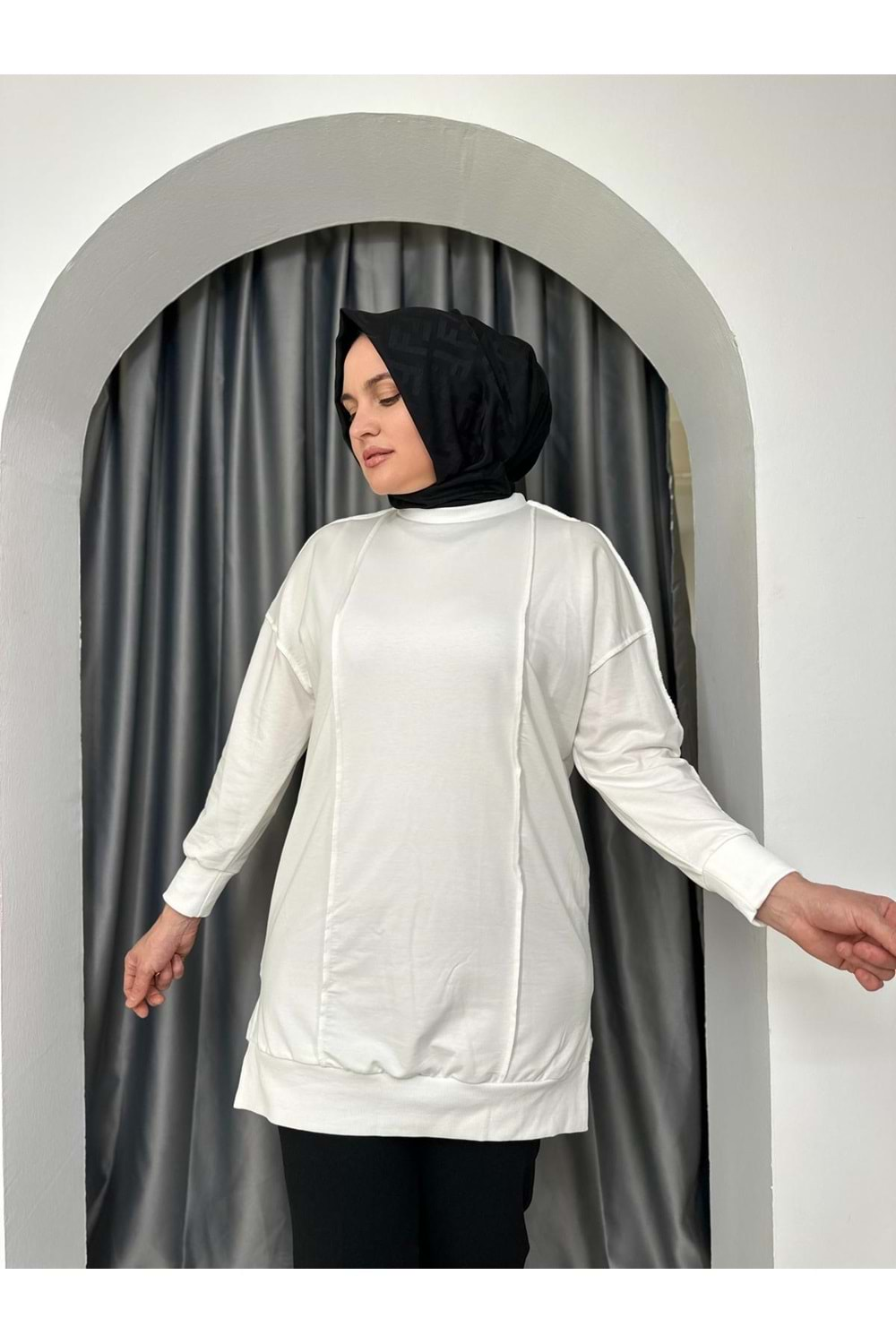 Puane Önü Şerit Detaylı Tunik 10512 - Ekru - L-XL