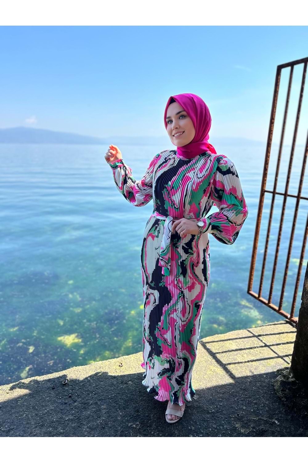 Piliseli Saten Elbise 2350 - Pembe - 42