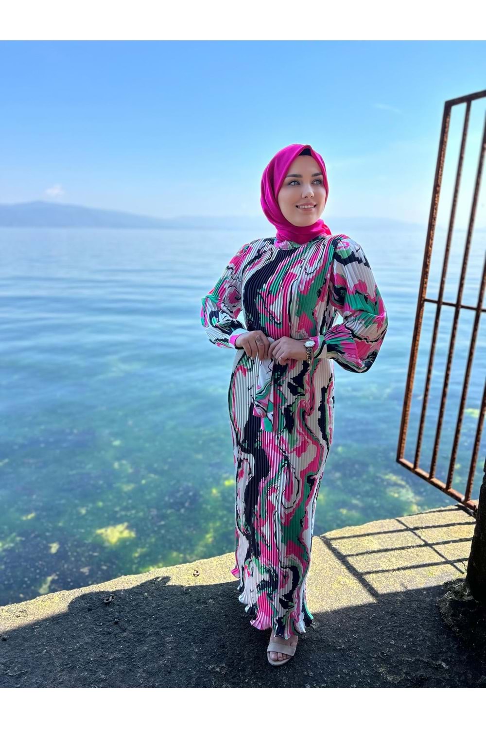 Piliseli Saten Elbise 2350 - Pembe - 42