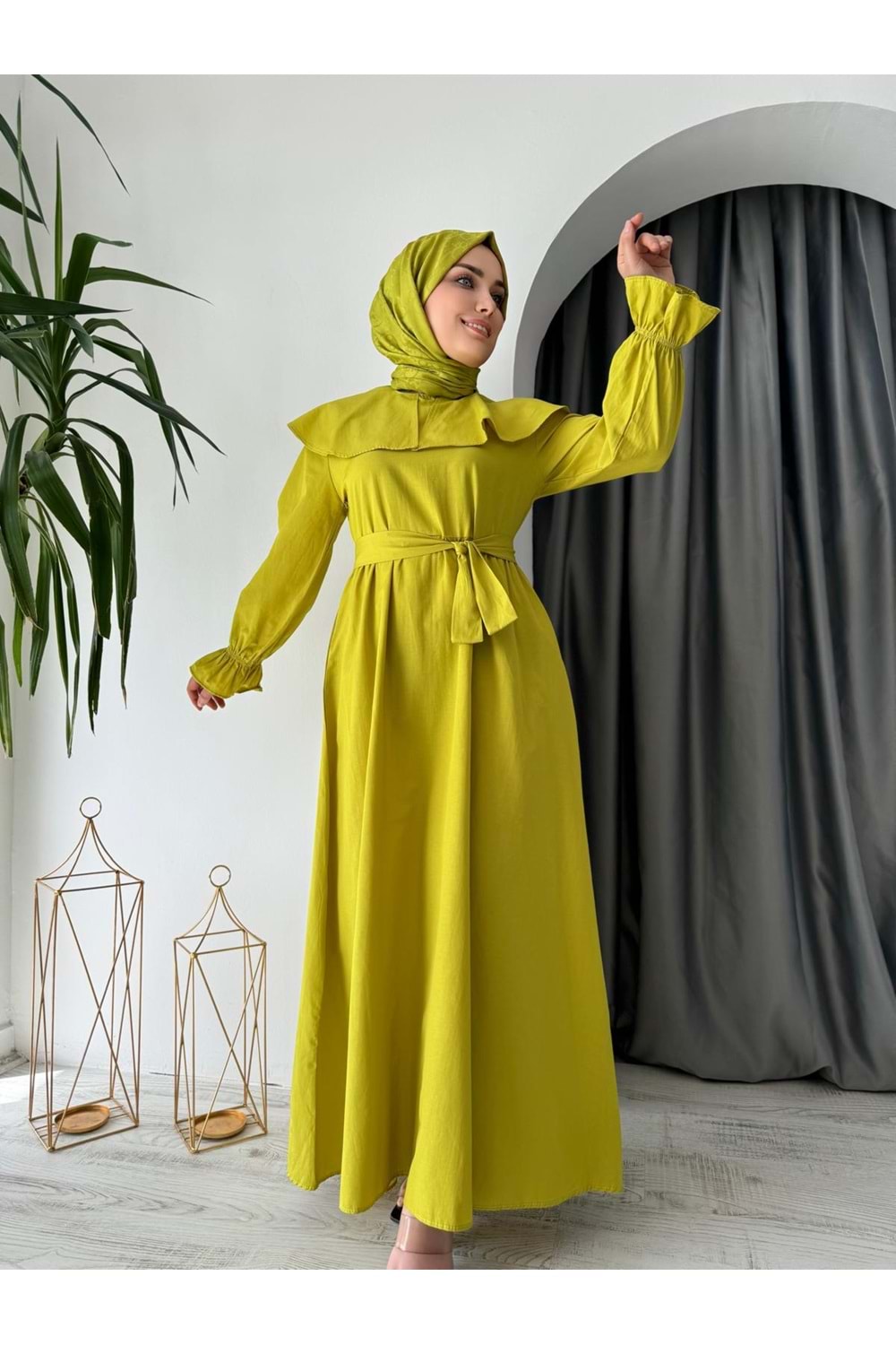 Bebe Yaka Trikoton Elbise 1514 - Yağ Yeşili - 42-44
