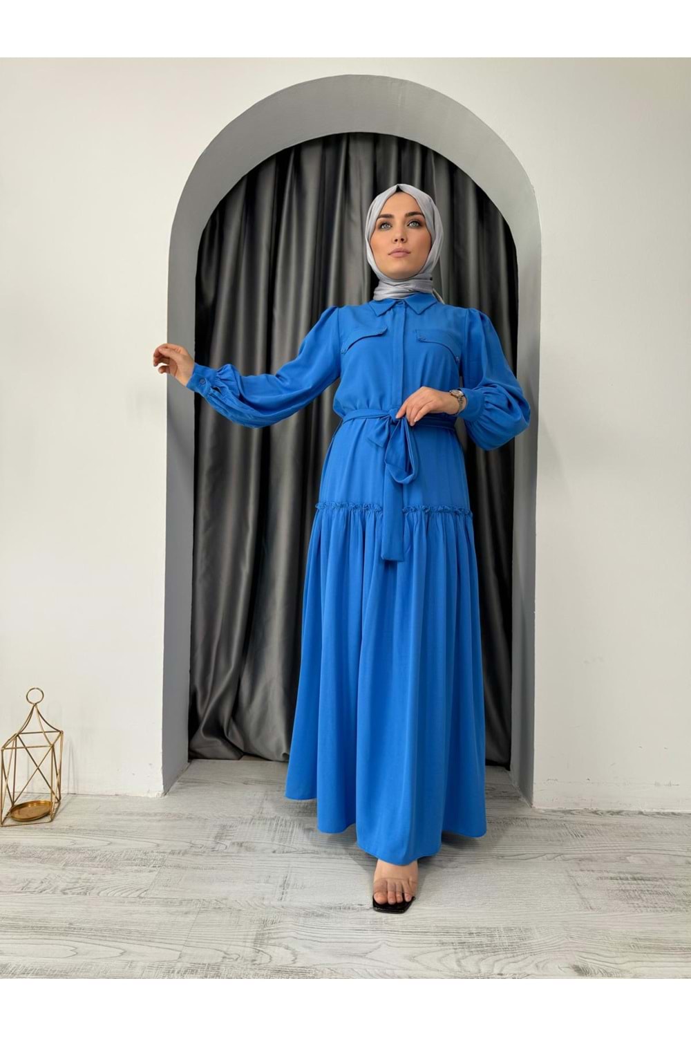 Puane Eteği Fırfırlı Elbise 12502 - Mavi - S - AZRA04699-Mavi-S