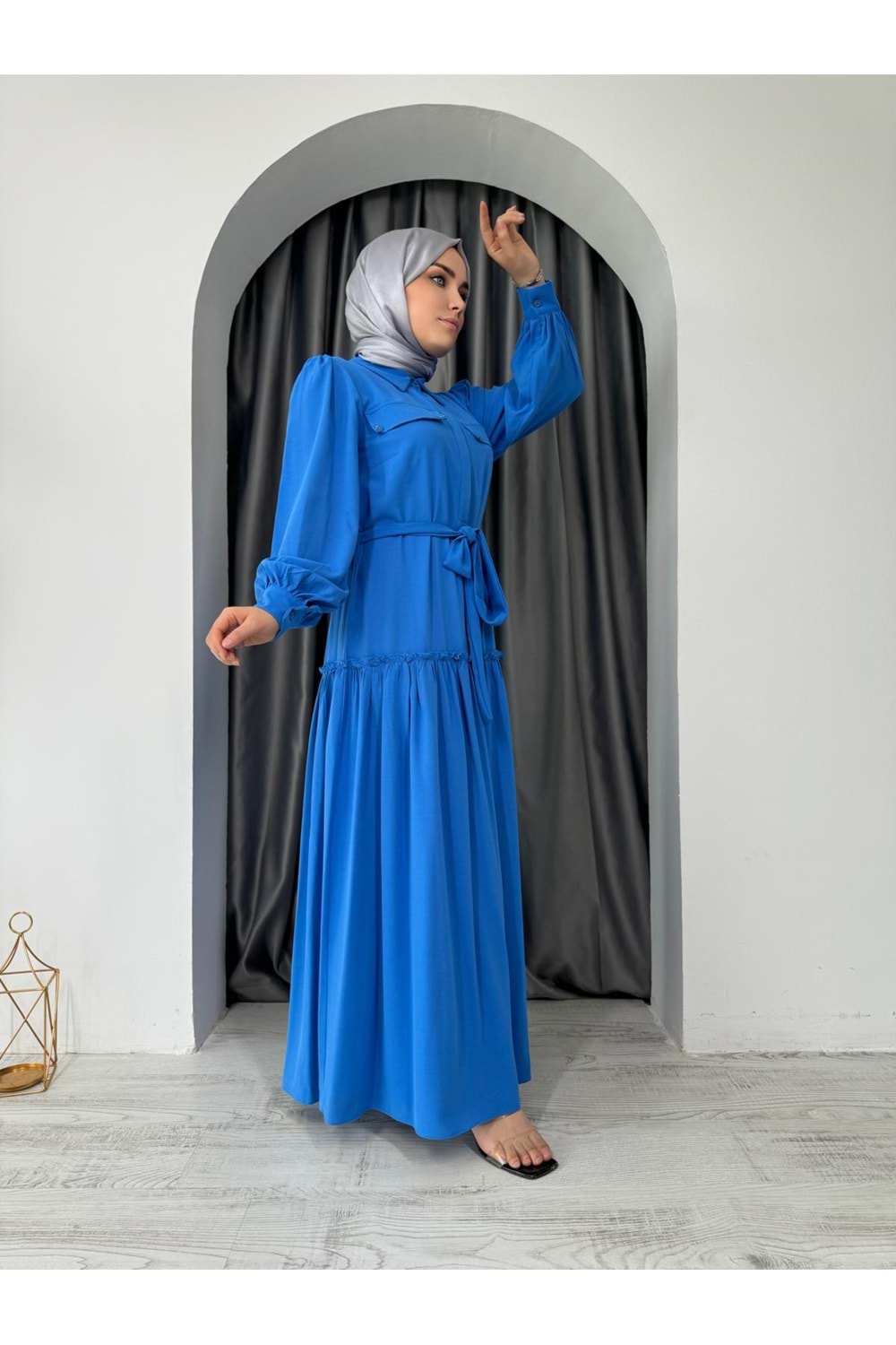 Puane Eteği Fırfırlı Elbise 12502 - Mavi - S - AZRA04699-Mavi-S