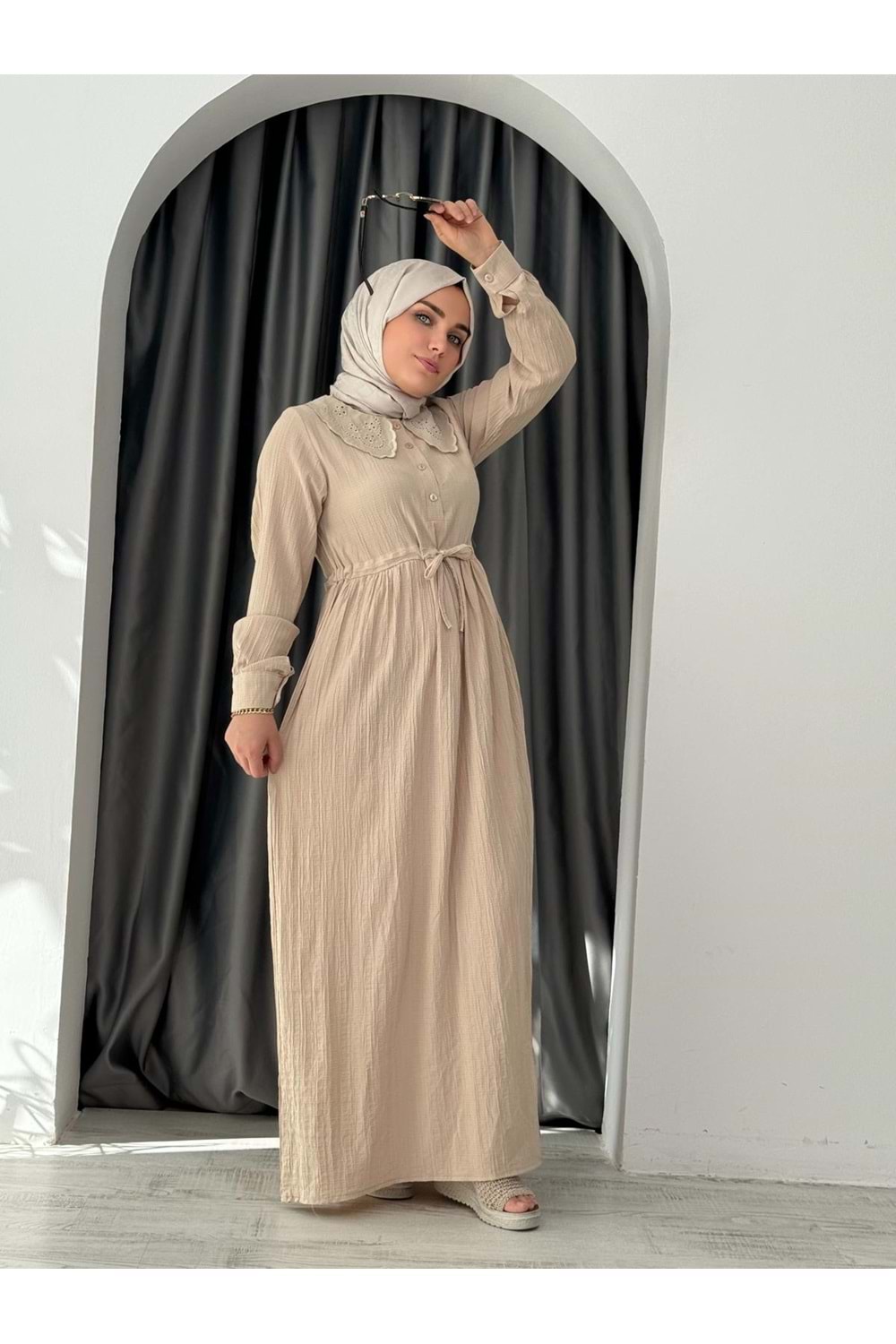 Tuval Yaka Tünelli Elbise 2349 - Bej - S - AZRA04751-Bej-S