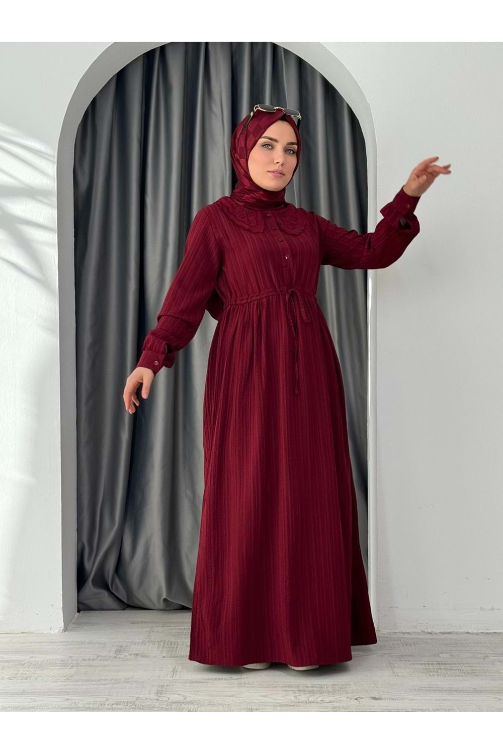Tuval Yaka Tünelli Elbise 2349 - Bordo - M - AZRA04751-Bordo-M