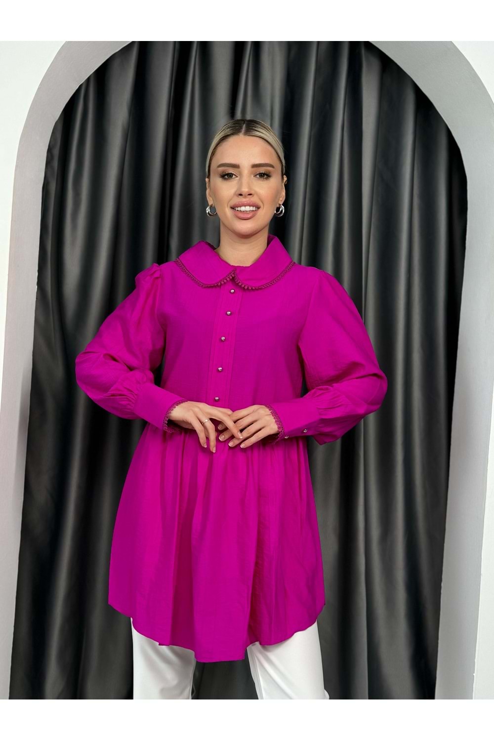 Bebe Yaka Süs Düğmeli Gömek 40691 - Fuşya - 40