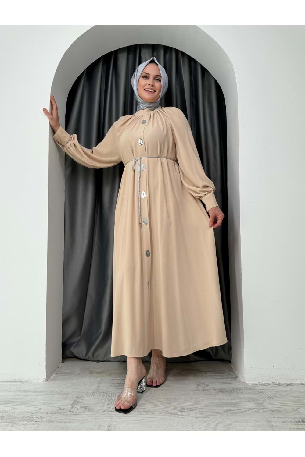 Ayna Düğmeli Elbise 7757 - Bej - 36 - AZRA04843-Bej-36