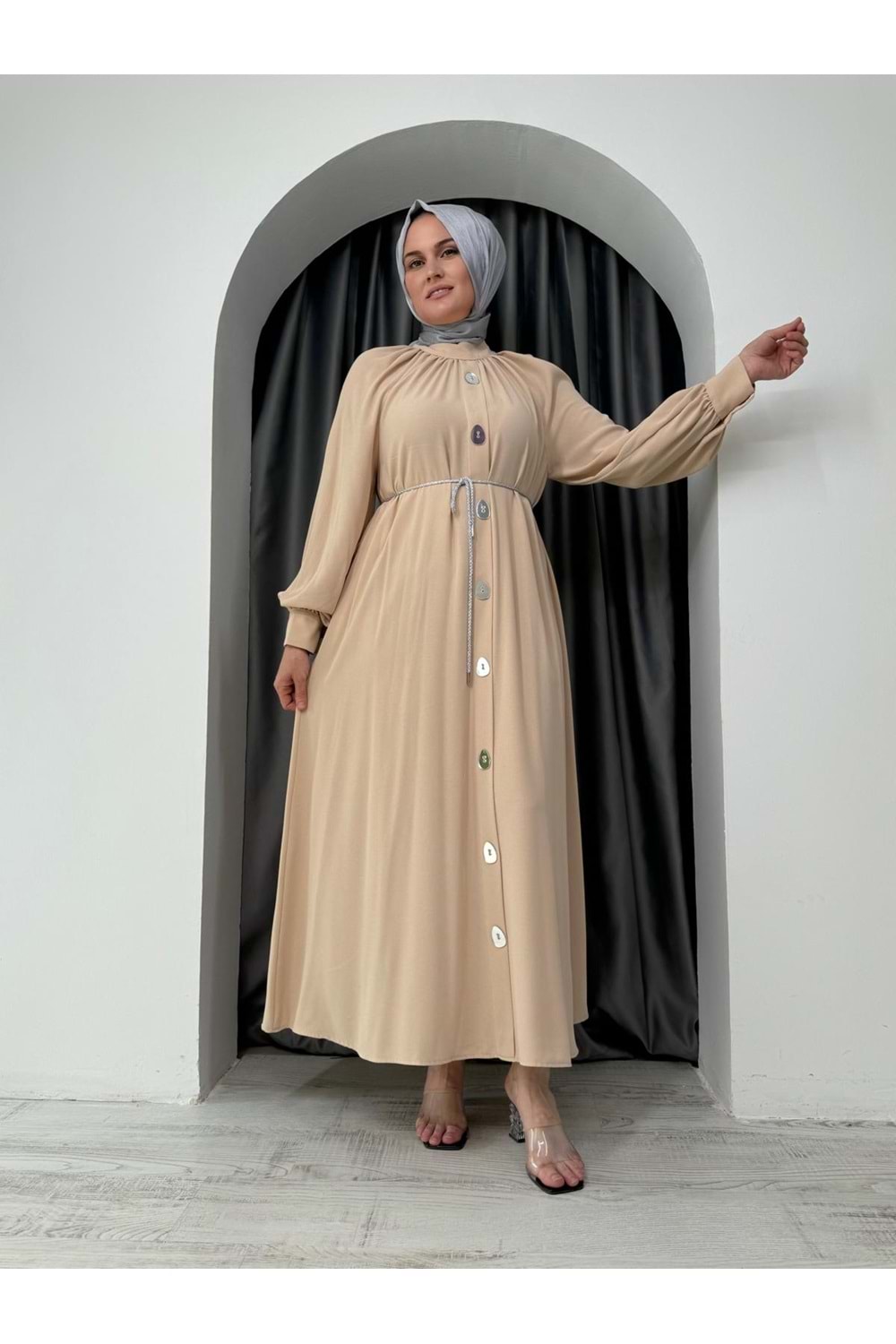 Ayna Düğmeli Elbise 7757 - Bej - 36 - AZRA04843-Bej-36