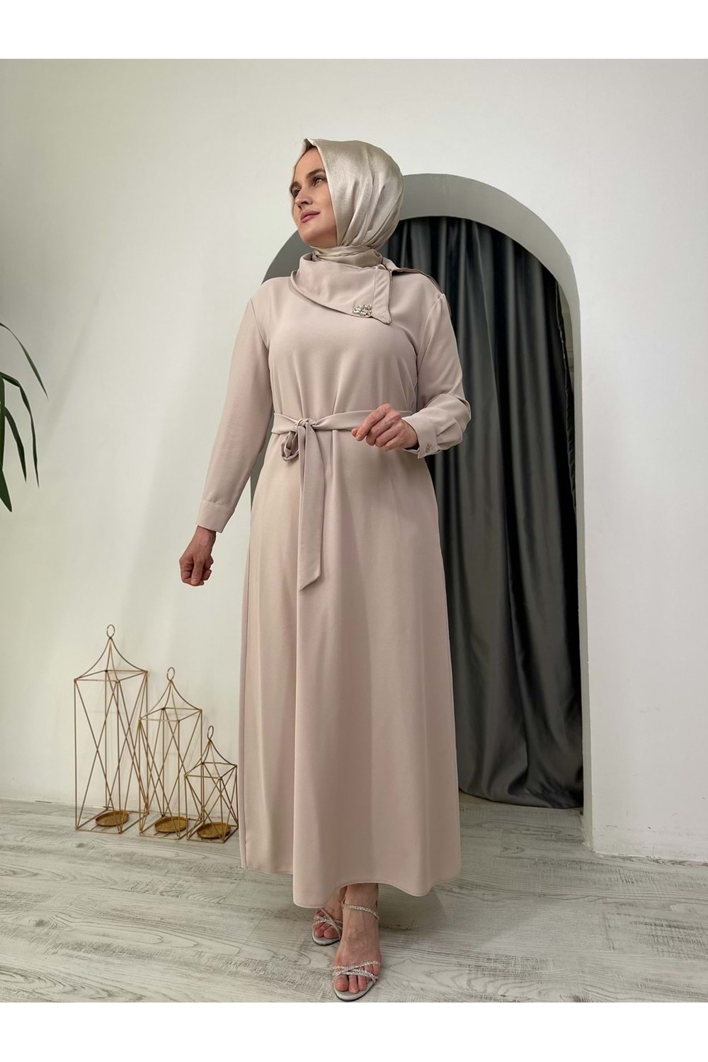 Puane Ema Yaka Taşlı Abiye 12532 - Bej - S