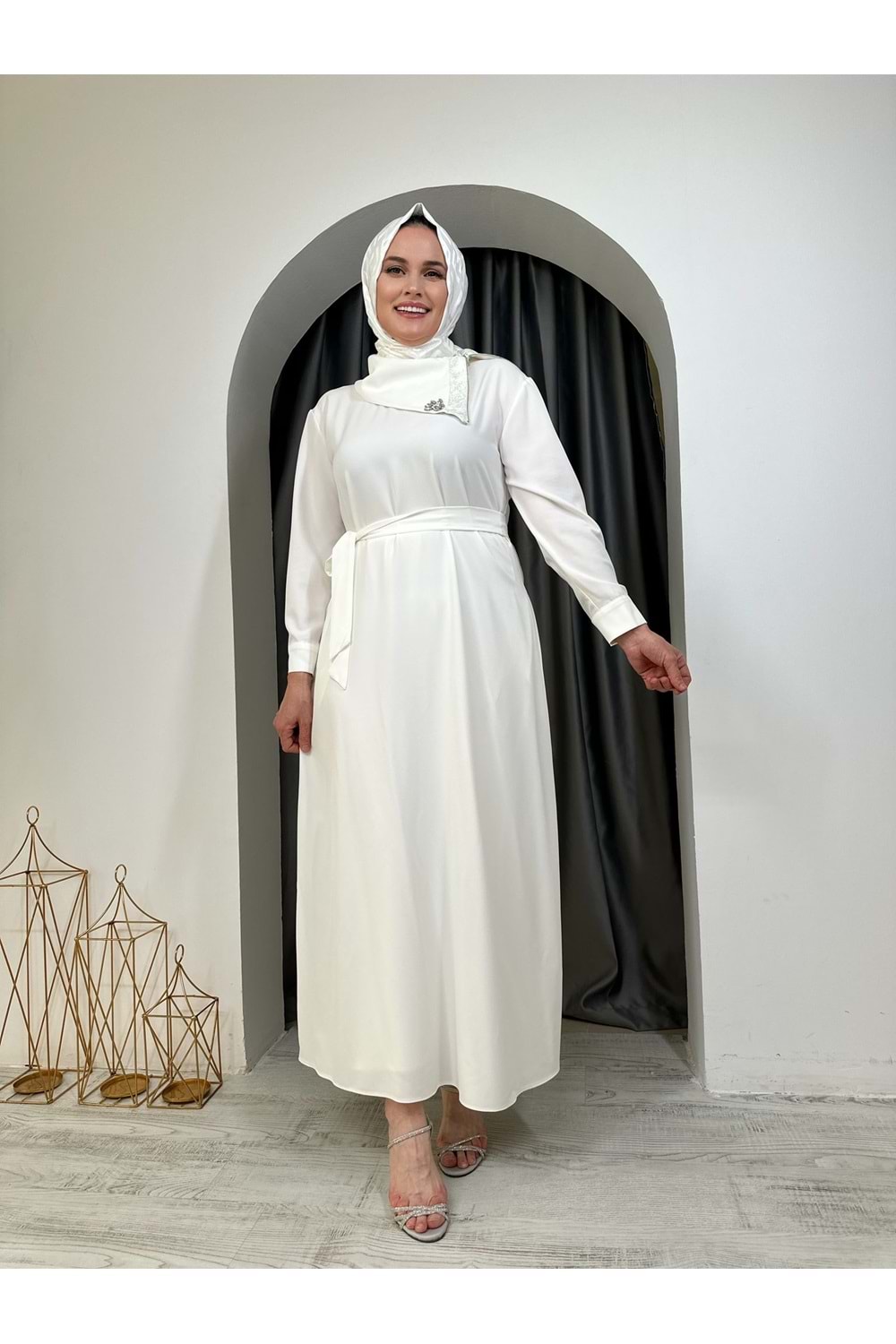 Puane Ema Yaka Taşlı Abiye 12532 - Beyaz - M