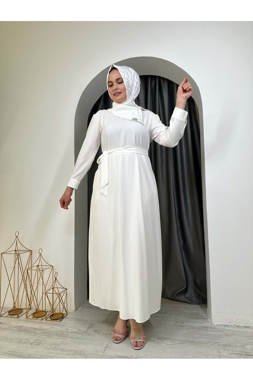 Puane Ema Yaka Taşlı Abiye 12532 - Beyaz - M