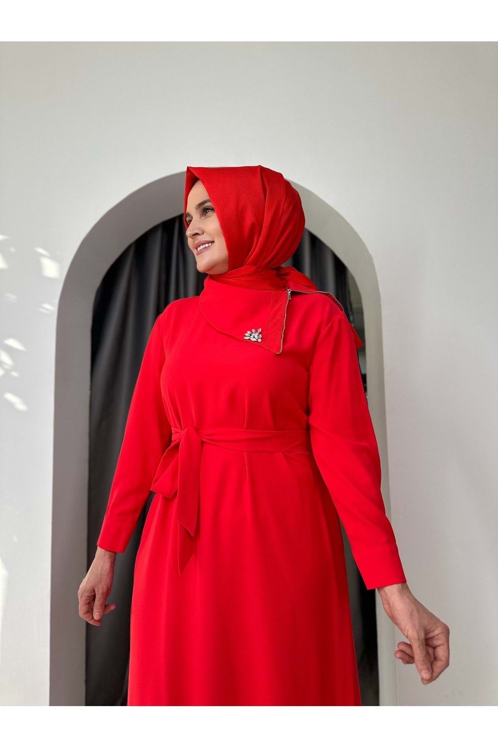 Puane Ema Yaka Taşlı Abiye 12532 - Kırmızı - S