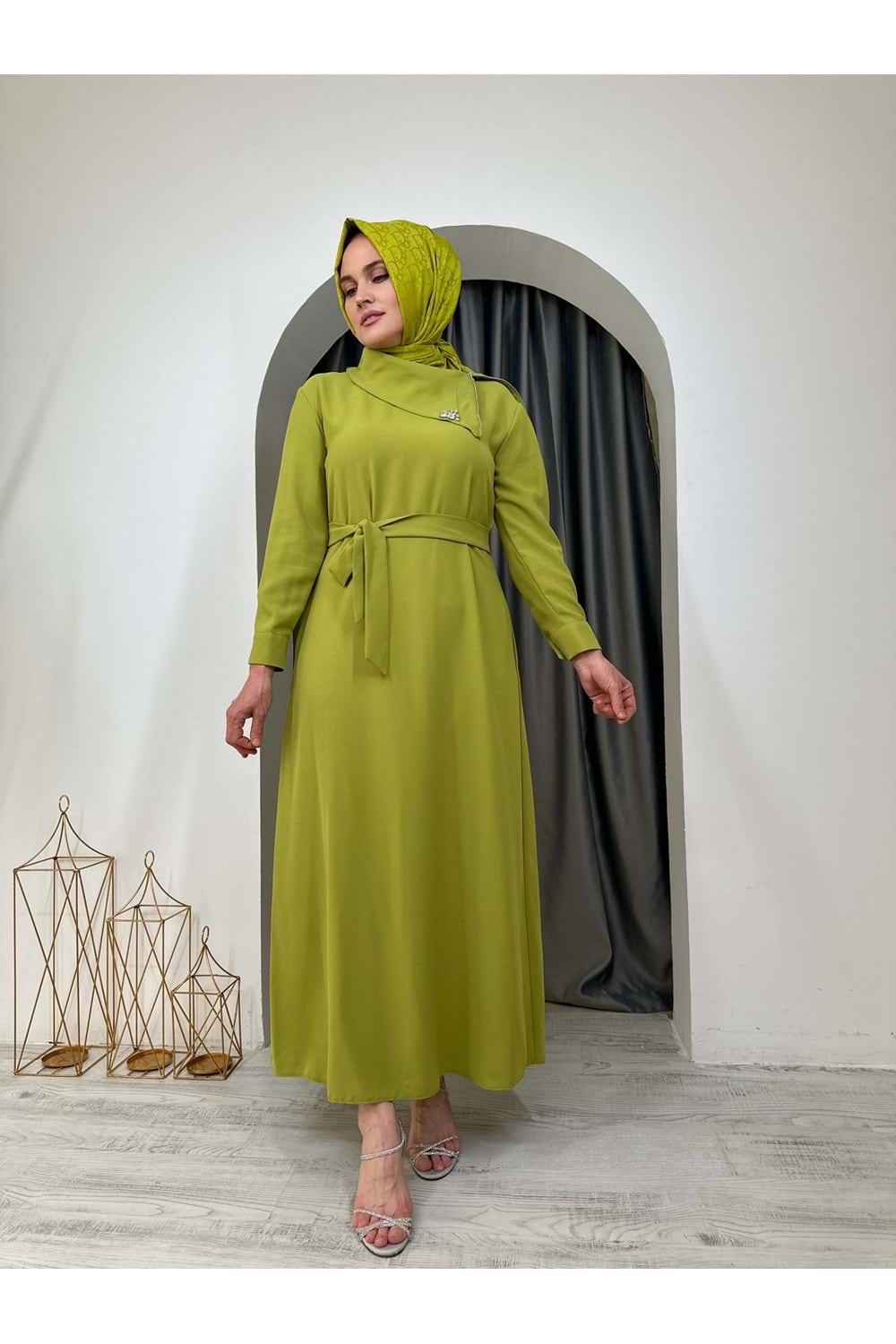 Puane Ema Yaka Taşlı Abiye 12532 - Yağ Yeşili - S