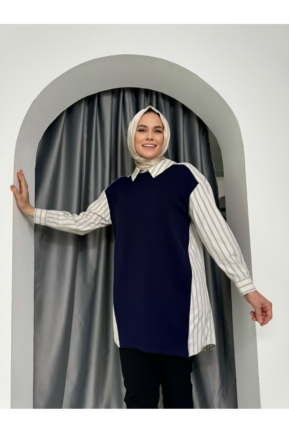 Puane Önü Merserize Tunik 10507 - Lacivert - S-M - AZRA04905-Lacivert-S-M