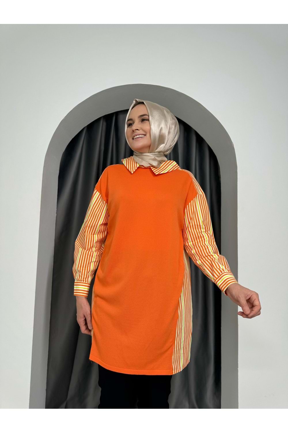 Puane Önü Merserize Tunik 10507 - Turuncu - S-M - AZRA04905-Turuncu-S-M