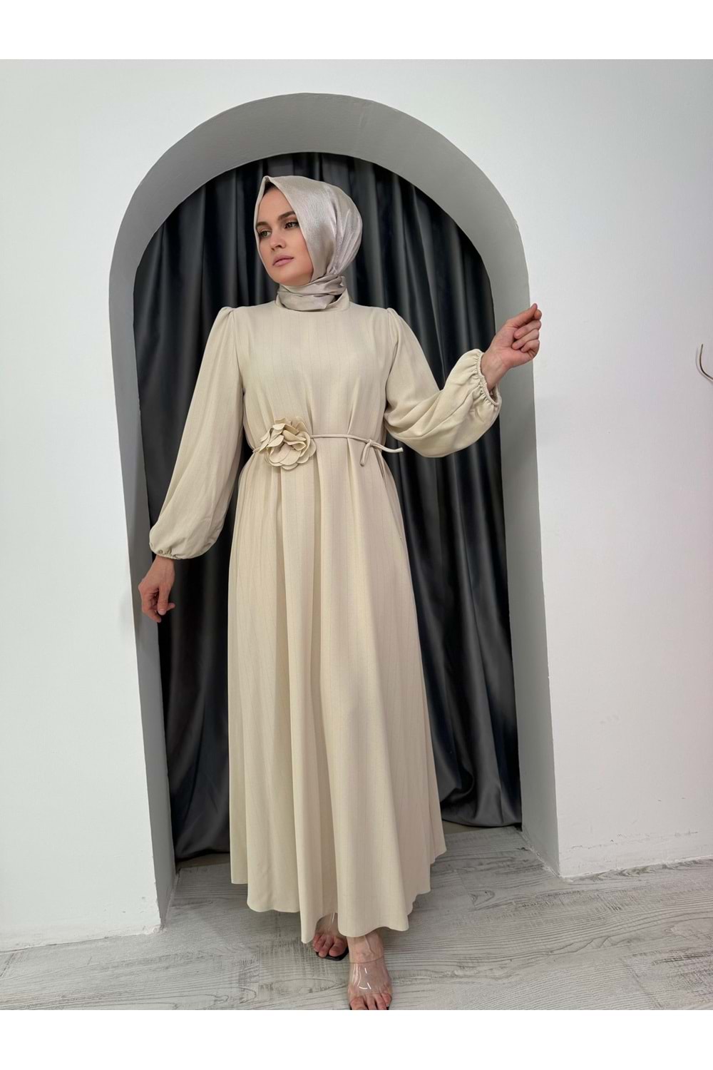 Puane Sim Çizgili Güllü Abiye 12541 - Bej - 38