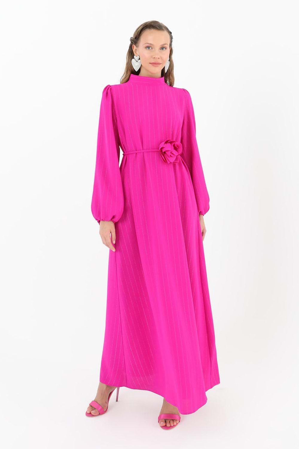 Puane Sim Çizgili Güllü Abiye 12541 - Fuşya - 38