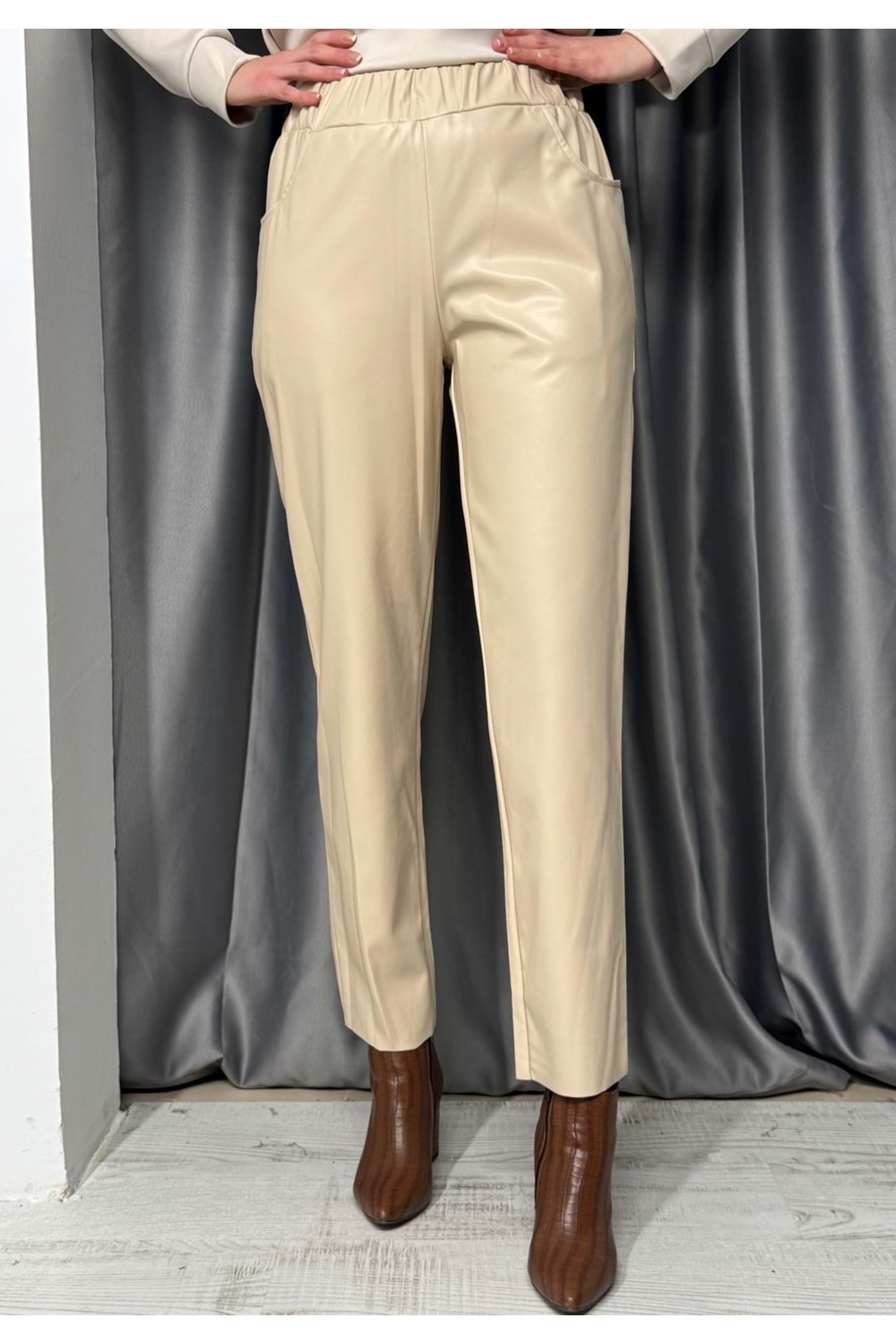 Deri Pantolon Beli Lastikli 18205 - Bej - S
