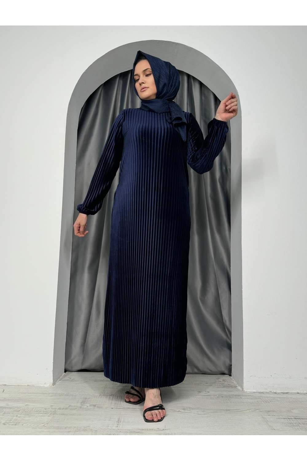Piliseli Kadife Elbise 2275 - Lacivert - 38 - AZRA04978-Lacivert-38