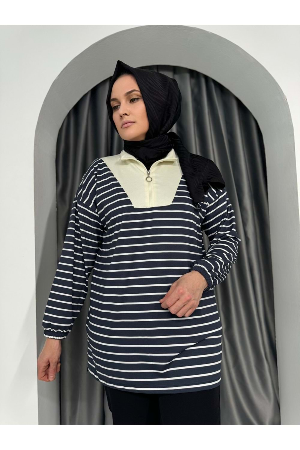 Yarım Fermuarlı Modal Çizgili Tunik 736 KS11 - Füme - S-M - AZRA04980-Füme-S-M