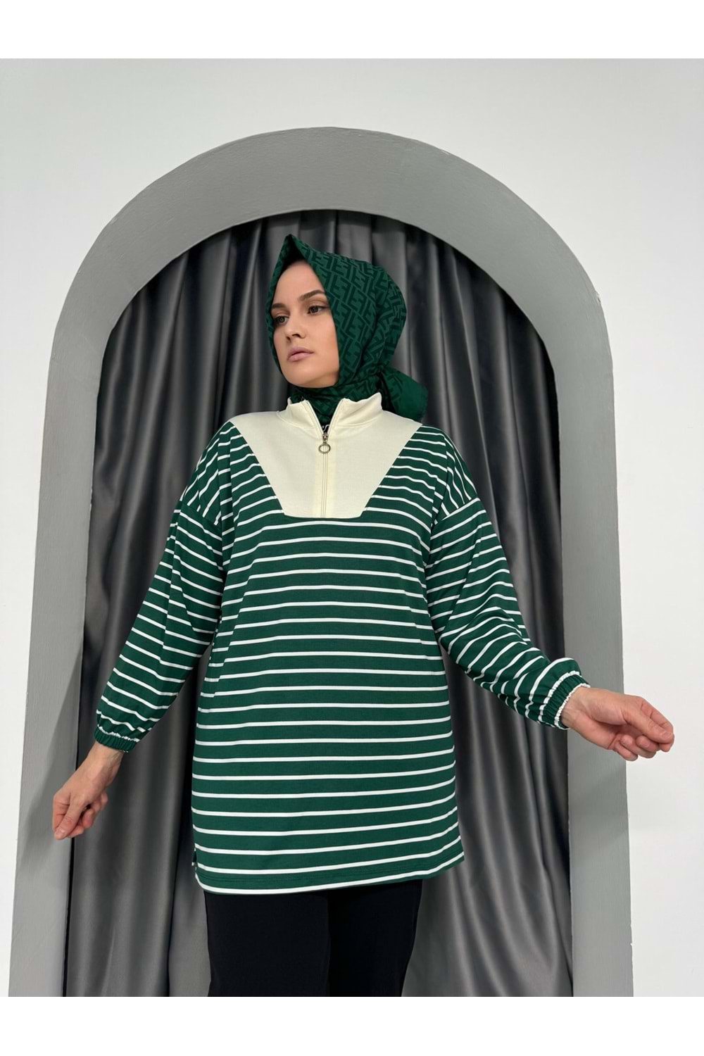 Yarım Fermuarlı Modal Çizgili Tunik 736 KS11 - Yeşil - L-XL - AZRA04980-Yeşil-L-XL