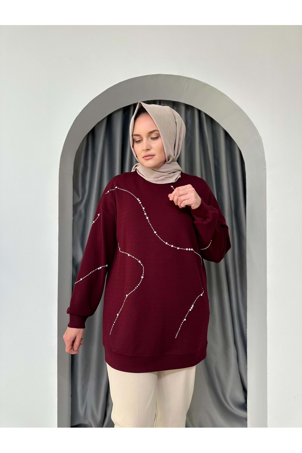 Taşlı Dalgıç Sweat 33607 - Bordo - TEK BEDEN - AZRA05000-Bordo-TEK BEDEN