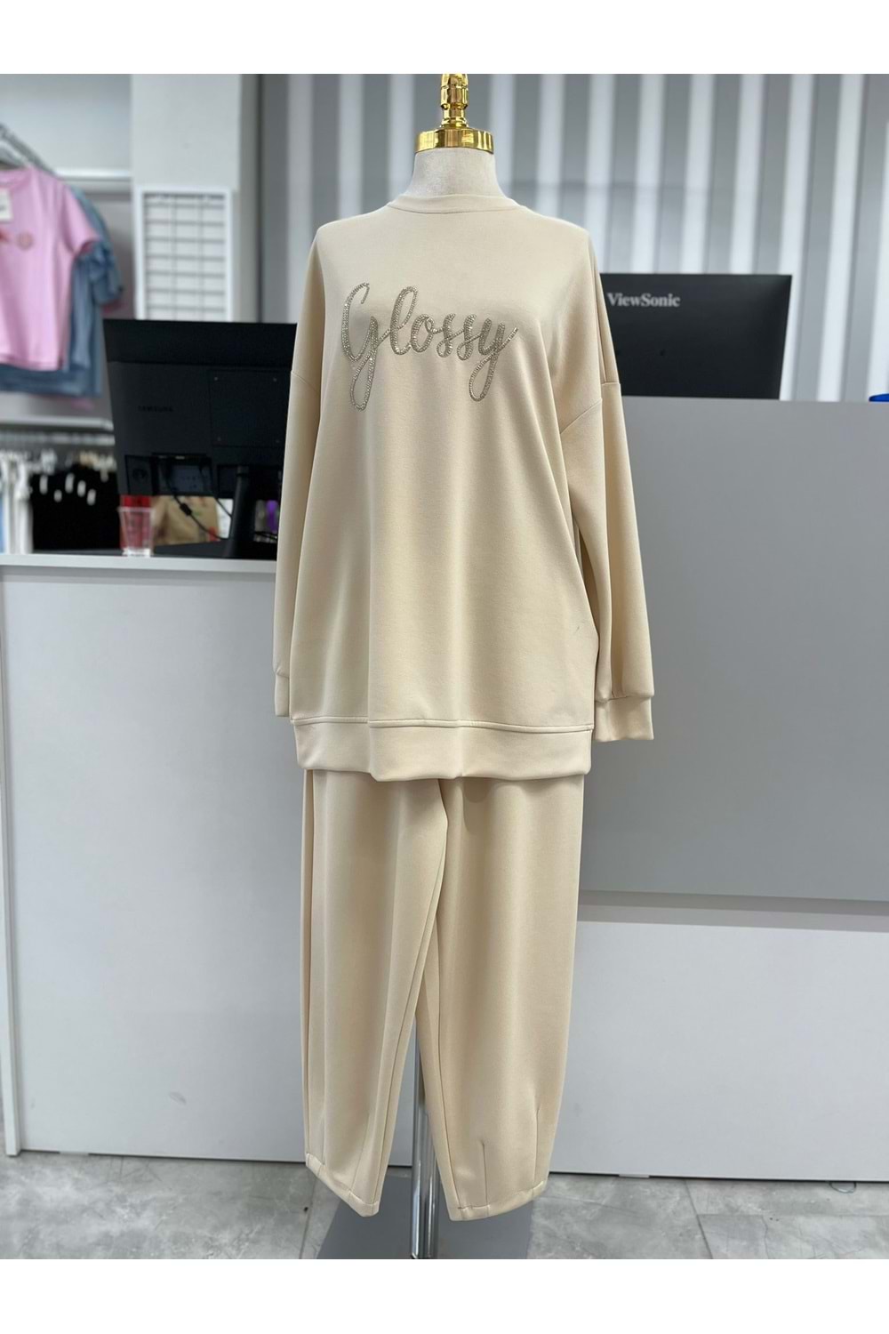 Nakış Ve Taş Yazılı Takım 33280 - Bej - M - AZRA05004-Bej-M