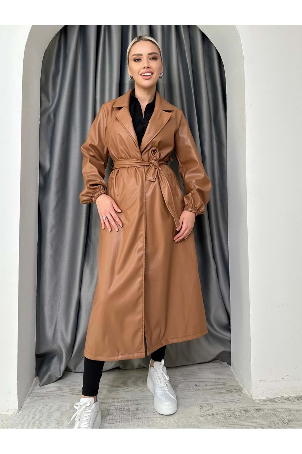 Uzun Deri Trenç 9029 - azra fashion - Kahve Rengi - S